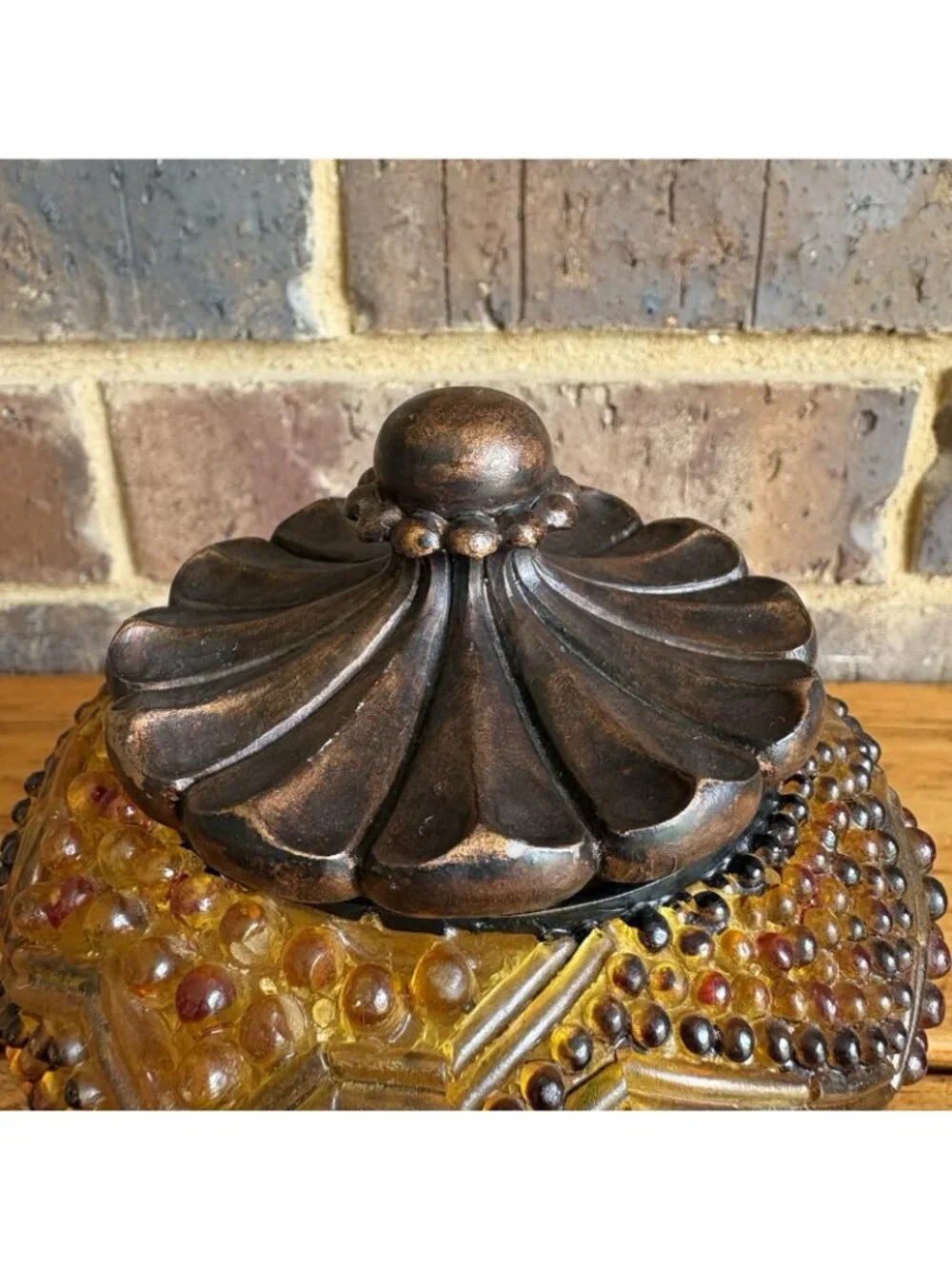 Vintage Amber Bronze Color Hobnail Lucite Round Powder Jar Trinket Box Resin Lid